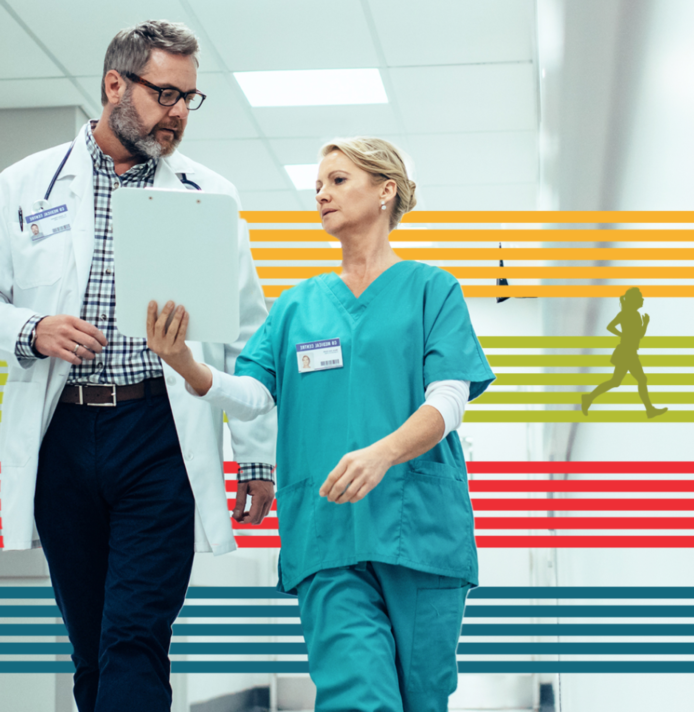 Two medical professionals talk in a hallway filled with stylized arrows in the Thermo Fisher Scientific Oncomine colors