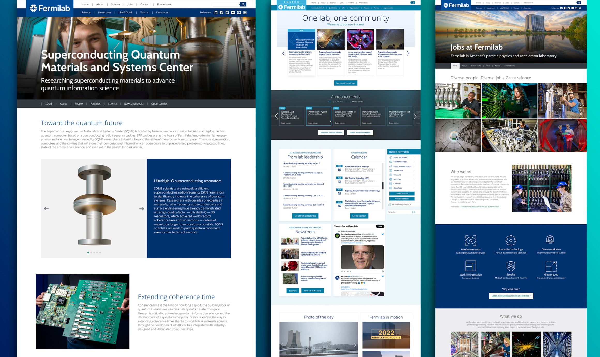 A series of screenshots depicting the Inside Fermilab website on a teal background.