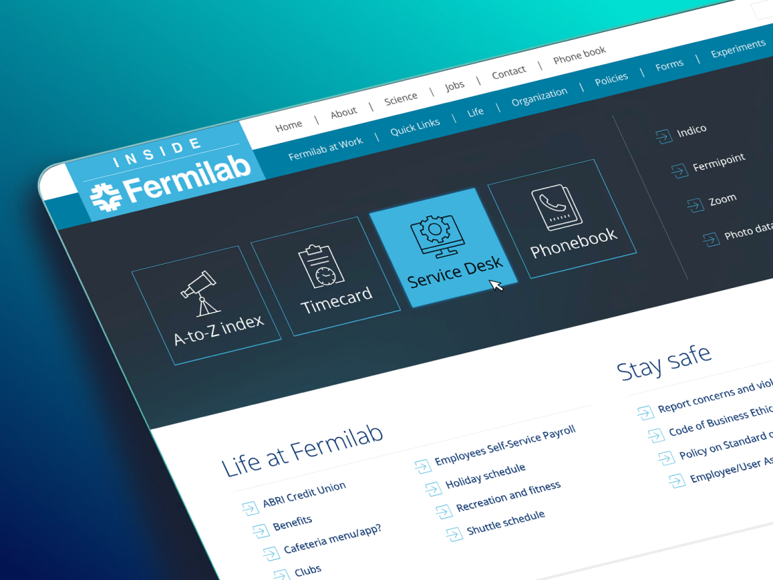 A render showing the header image and sitemap of the Inside Fermilab website.