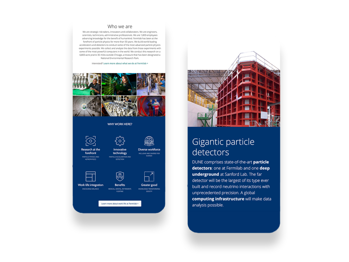 Two mobile screenshots depicting Fermilab's About section of their website.