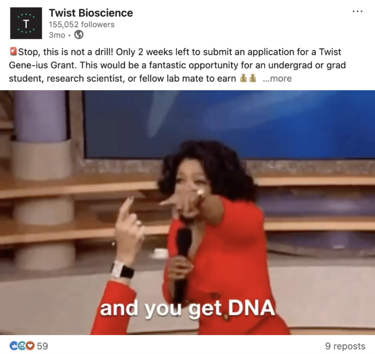 Screenshot of Twist Bioscience LinkedIn post with Oprah